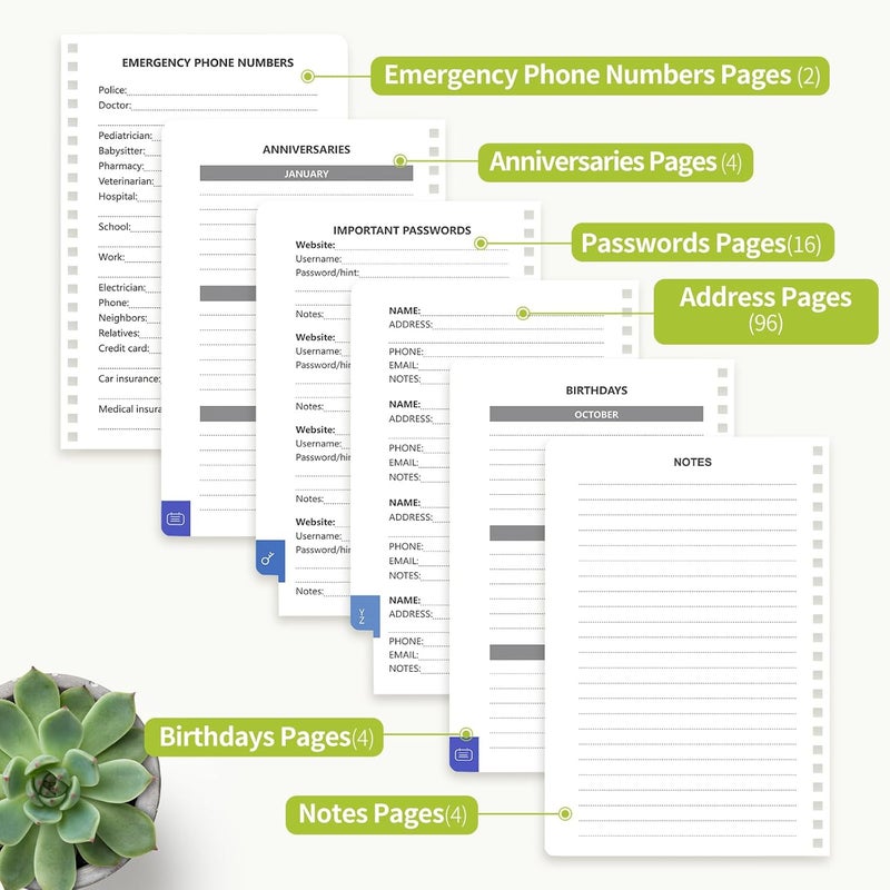 Blugool Address Book with Alphabetical Tabs-Address and Password Book for Seniors - Hardcover Spiral Bound Phone Book- Record Contacts,Website Login Passwords, Special Days -5.7" x 7.7", Grass Green - Image 5